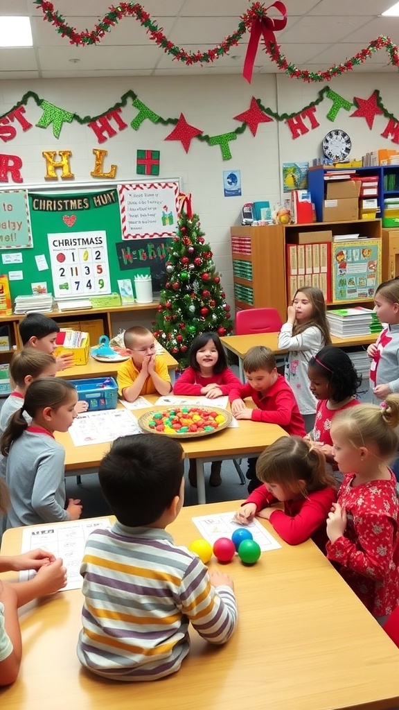 Children playing Christmas games in a decorated classroom.